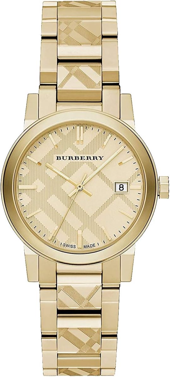 BURBERRYSwiss Rare Engraved Gold Check Date Dial 34mm Women Wrist Watch The City BU9145, Gold, The City