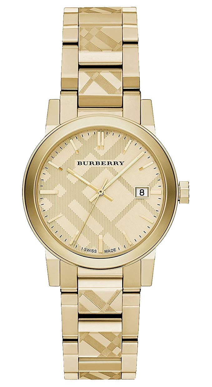 BURBERRYSwiss Rare Engraved Gold Check Date Dial 34mm Women Wrist Watch The City BU9145, Gold, The City