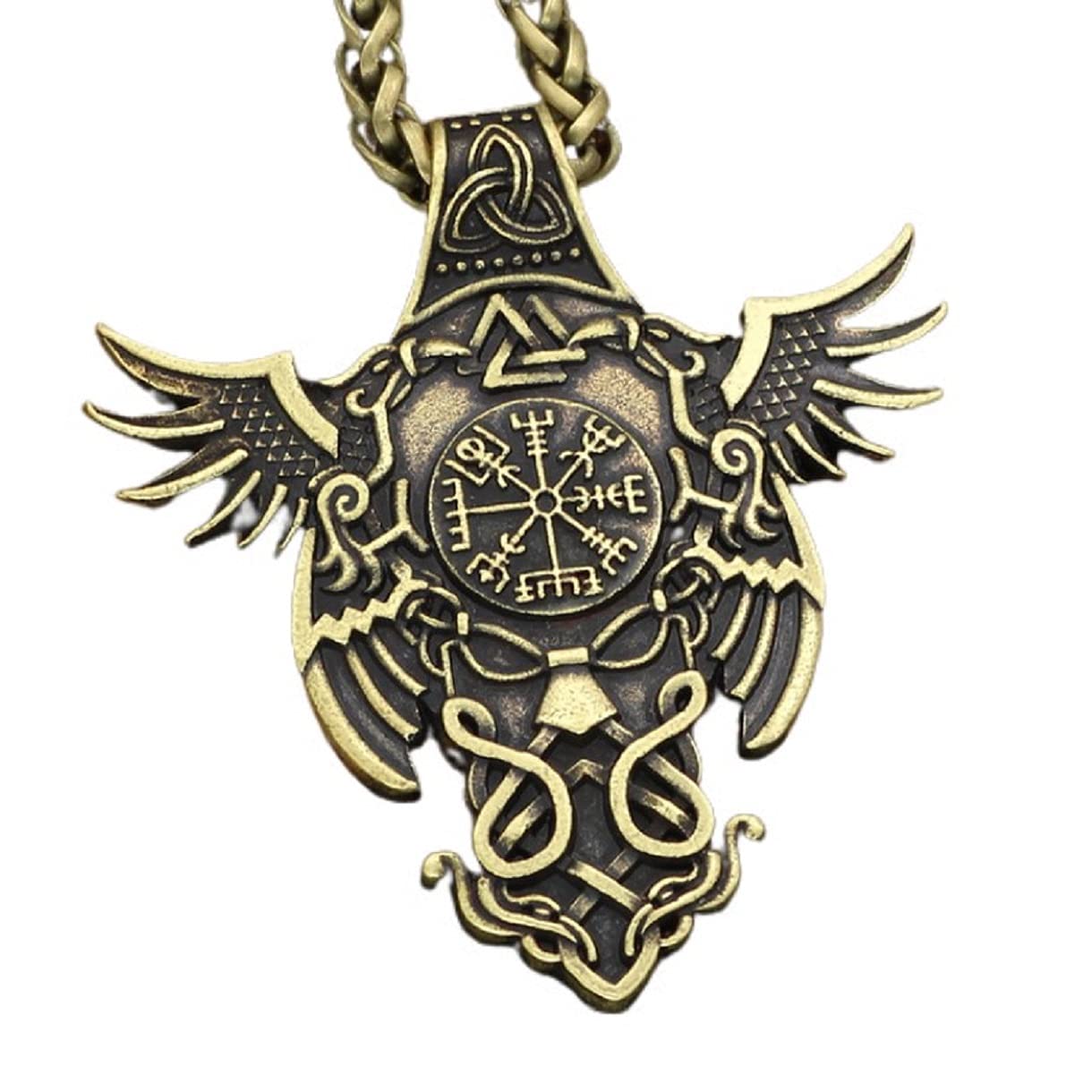 MayiaHey Norse Viking Odin Raven Rune Necklace for Men, Punk Flying Eagle Necklace Viking Runes Amulet Necklace for Boys (Gold)