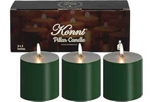 KONNI Navy Green Pillar Candles Set of 3, 3"x 3" Unscented Pillar Candles Bulk, 30 Hours Long Burning Candles, Smokeless&Dripless Large Round Candle for Wedding, Home Decoration, Parties, Spas, Dinner