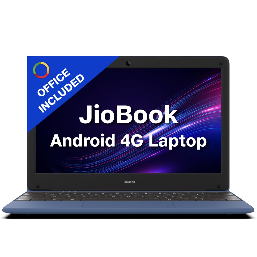 JioBook 11 with Lifetime Office | Android 4G Laptop Mediatek 8788 (JioOS) | Octa-core | 4GB RAM | 64 eMMC Storage | Thin and Light Laptop (11.6 inch, 990 Grams) | Dual Band WiFi + SIM | Blue