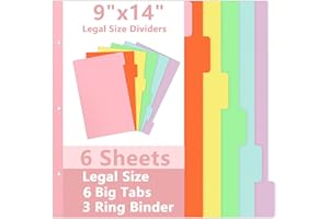 Lot de 6 feuilles d'intercalaires à onglets de taille légale de 22,9 x 35,6 cm, intercalaires à 3 anneaux pour classeur jurid