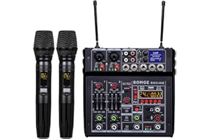 BOMGE 04E karaoke Audio mixer,4 Channel Mixer With Dual UHF Wireless Mic, Sound Board Console MP3 Bluetooth 48V Phantom Power USB Audio Interface DJ Mixing for Party Computer Studio Recording (04E)