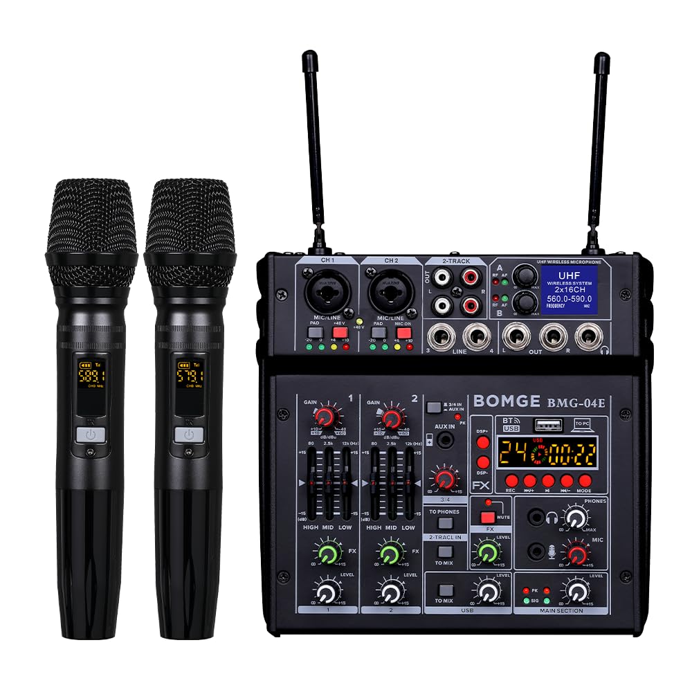 Photo 1 of BOMGE 04E karaoke Audio mixer,4 Channel Mixer With Dual UHF Wireless Mic, Sound Board Console MP3 Bluetooth 48V Phantom Power USB Audio Interface DJ Mixing for Party Computer Studio Recording (04E)