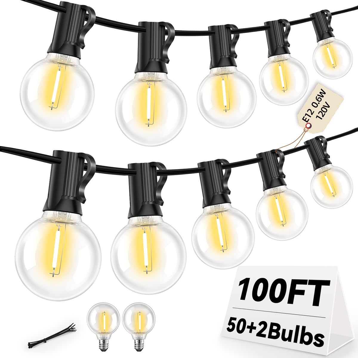 Photo 1 of 100FT G40 LED Outdoor String Lights with 50 Shatterproof Bulbs + 2 Spares, E12 Socket, 2700K Warm White, Weatherproof Black Cable, for Patio, Backyard, Wedding, Party, Porch, Deck, Gazebo, Camping