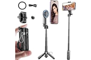 BONKYO Mini Magnetic Selfie Stick, 4-in-1 Magsafe Extendable & Foldable Phone Stand Holder, with Wireless Remote & Removable Phone Clip, Fit All 4.7" to 7" Phones for Vlogging, Live Streaming, Group Photos