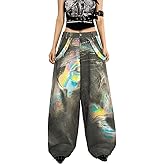 INFENU Women's Retro American Color Printed Wide Leg Jeans with Fashionable Personalized Design Loose Y2K Hip-hop Style