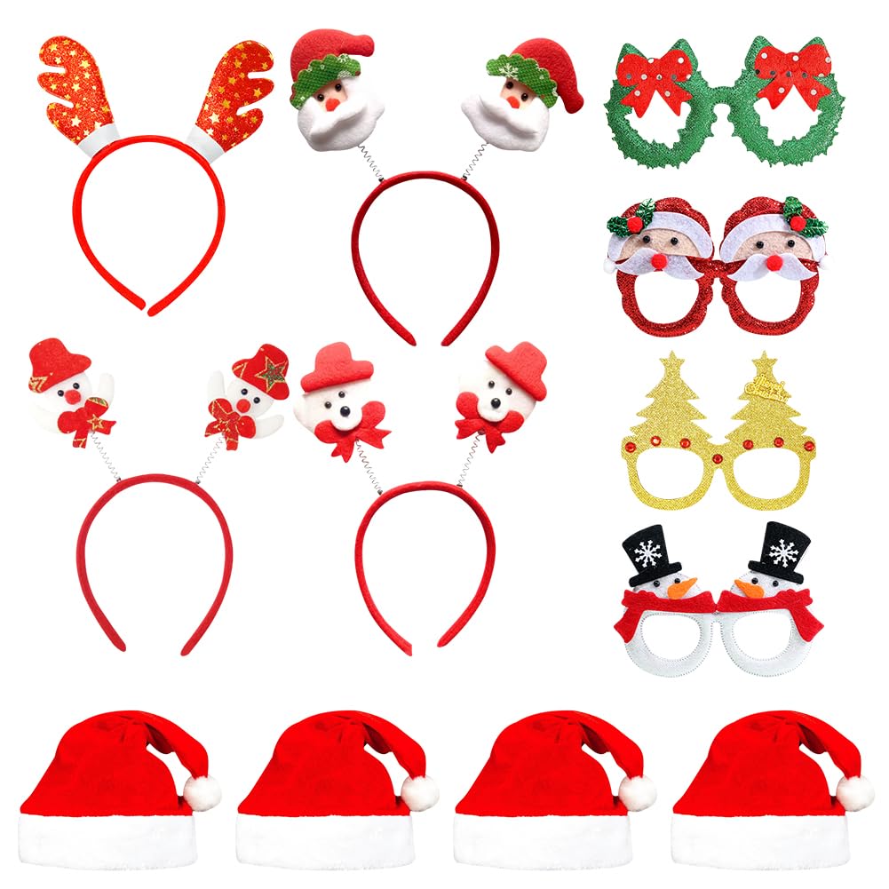 ZesGlyxyr Christmas Party Glasses Set, 4 PCS Christmas Headband, Xmas Santa Hat, Xmas Novelty Glasses, Party Set for Kids Adults for Fancy Dress Partys Favors Gifts for Holiday Favors C