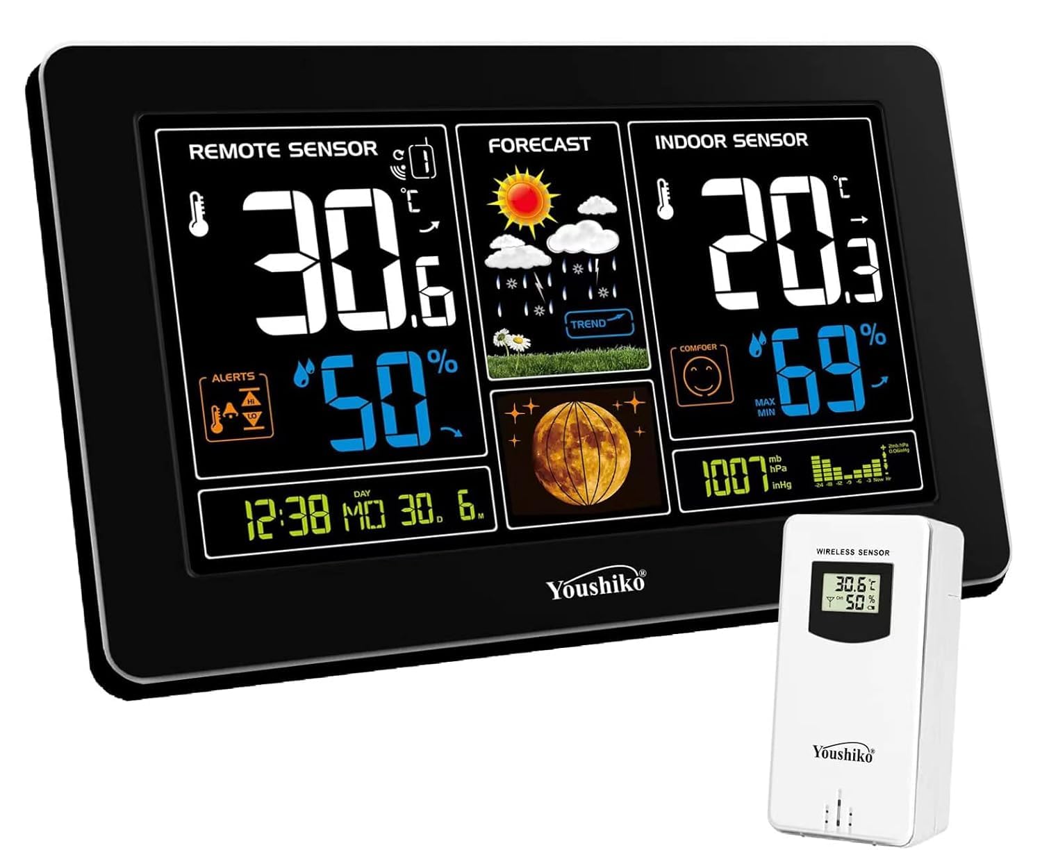 Youshiko YC9444 (Official 2026 UK Version) Wireless Weather Station, Radio Controlled Clock, Indoor Outdoor Temperature Thermometer, Humidity, Barometric Pressure, Ice Alert, Moon Phase