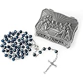 WHLHMK Rosary Beads for Women With Box, Blue Crystal Catholic Necklace, Last Supper Vintage Jewelry Box, Anglican Prayer Beads Christian Gifts