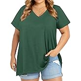 JOELLYUS Plus Size Tops for Women Summer Top Loose Fit Tee Shirts V Neck Short Sleeve Blouse