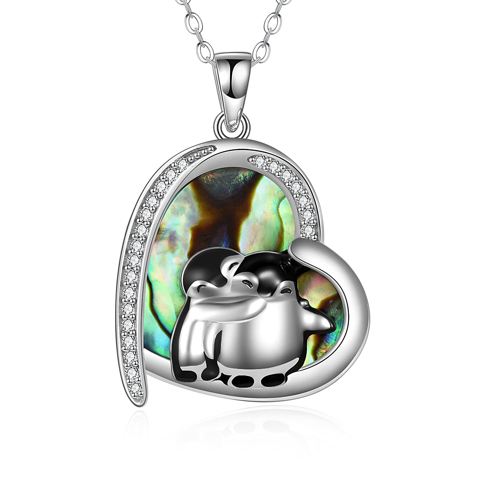 YAFEINI Penguin Gifts Sterling Silver Penguin Necklace Abalone Shell Hugging Penguins Jewelry for Women Sister