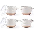 AmorArc 24 Ounces Soup Bowls with Large Handles and Lids, Stoneware Bowls Set of 4 for Soup,Stew, Noodle, Ceramic Kitchen Bowls With Embossed Patterns, Microwave&Dishwasher Safe, Light Beige