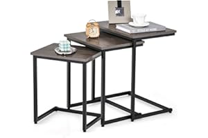 Tangkula Nesting Table Set of 3, Rectangle Stacking Side End Table w/Wood Top & Metal Legs, Adjustable Foot Pads, C-Shaped Accent Coffee Tables for Small Spaces, Living Room (C-Shaped, Gray, 3-pc)