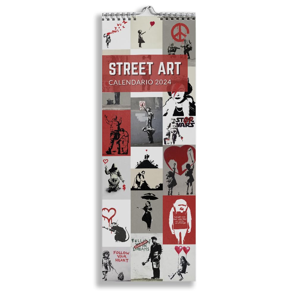 Slim STREET ART 2024 Illustrated Wall Calendar 12 Months Spiral Bound Ideal for Office, Home and Gift Idea - Multicoloured