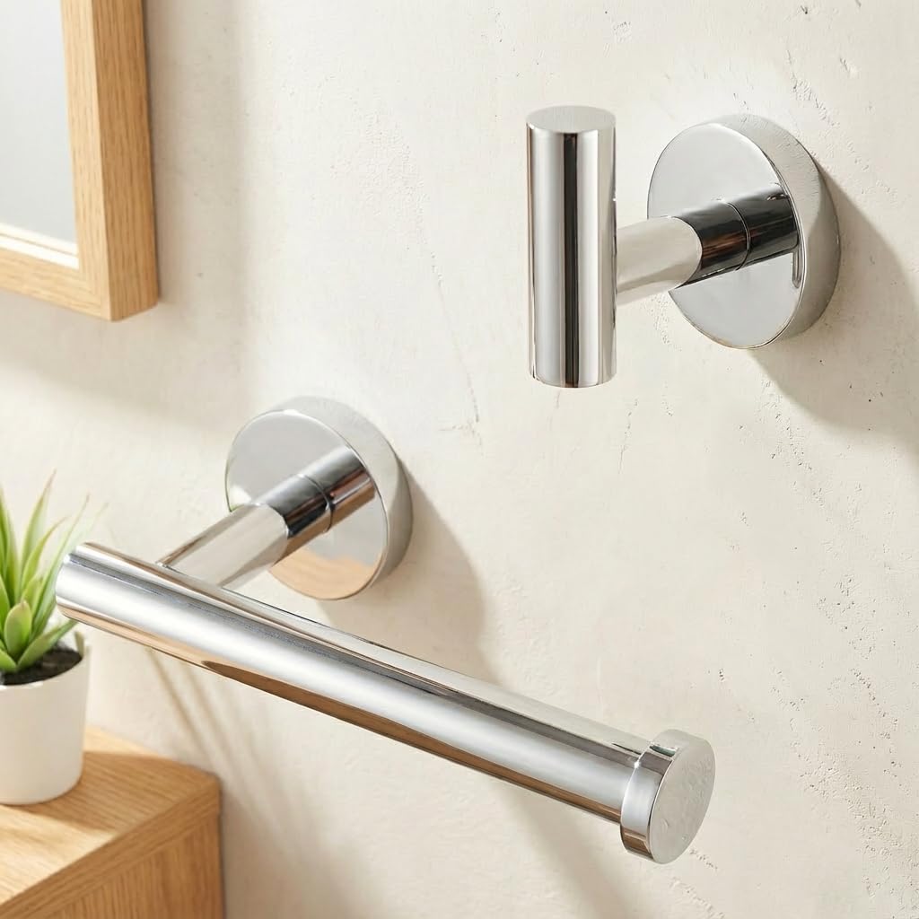 KES Chrome Towel and Toilet Roll Holder Set Bathroom Accessory Set 2 Pieces Toilet Roll Holder and Coat Hook SUS 304 Stainless Steel Wall Mounted Polished Finish, LA20DG-21