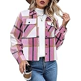 Dookttker Womens Cropped Flannel Shacket Plaid Button Down Shirts Jackets Long Sleeve Coat Tops Fall Clothes Fashion Outfits