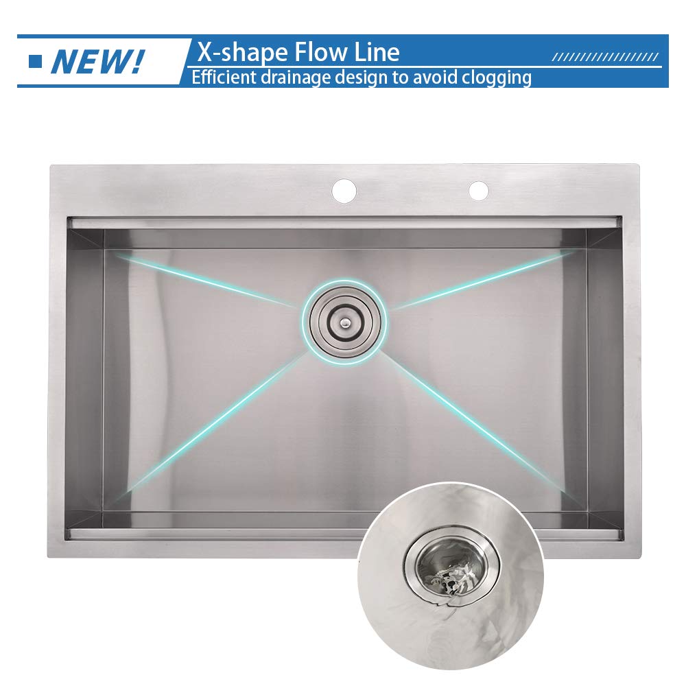 Bokaiya 33"x 22" Drop In Topmount Kitchen Sink Workstation Ledge 16 Gauge R10 Tight Radius Deep Stainless Steel Kitchen Sink Single Bowl