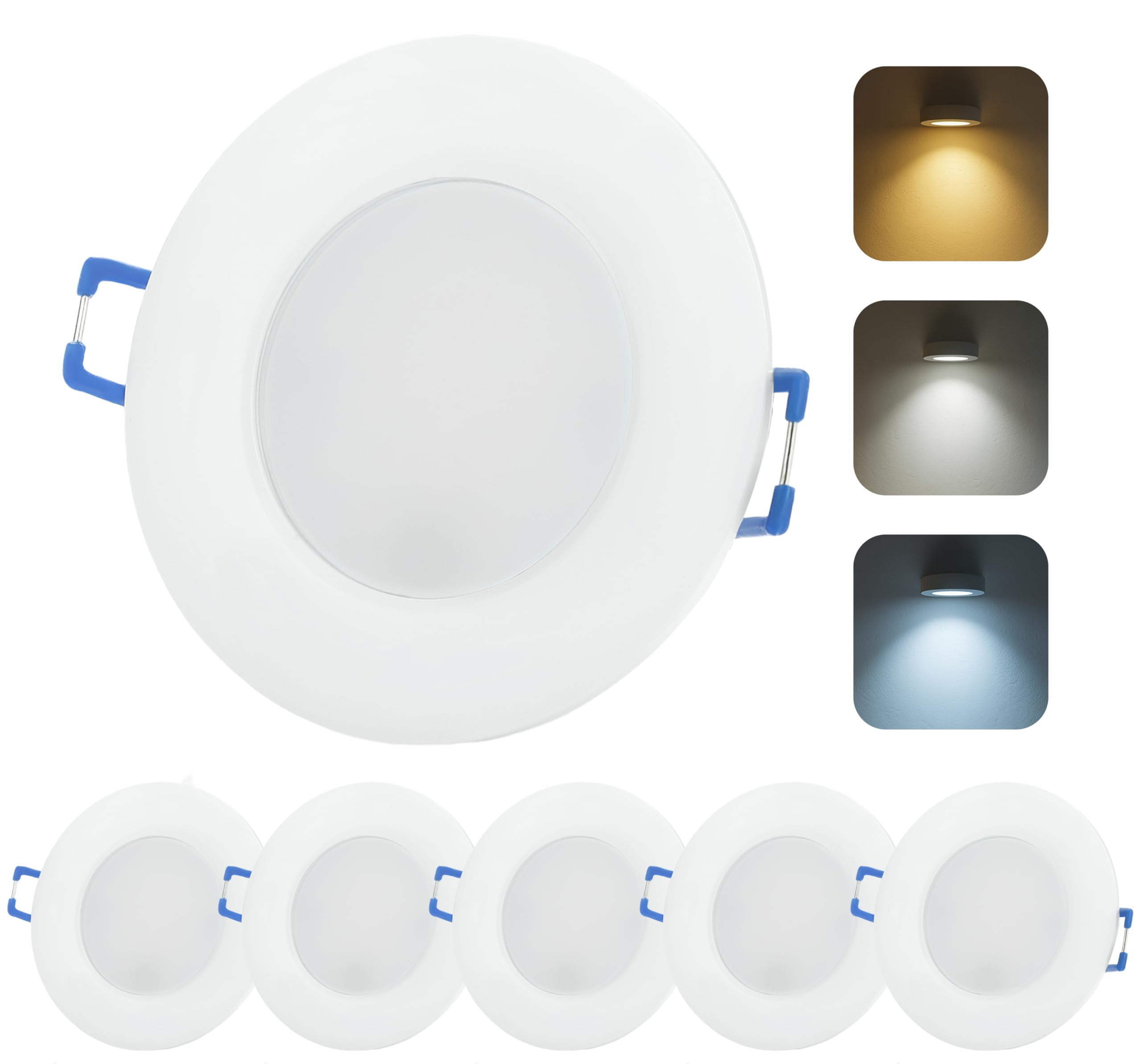 Sweet Led, 5 Recessed Spotlights Bathroom Flat 230 V 6.5 W 530 Lumen Warm White Hole Size Diameter 68 mm IP44 Recessed Spotlights for Bathroom Downlight