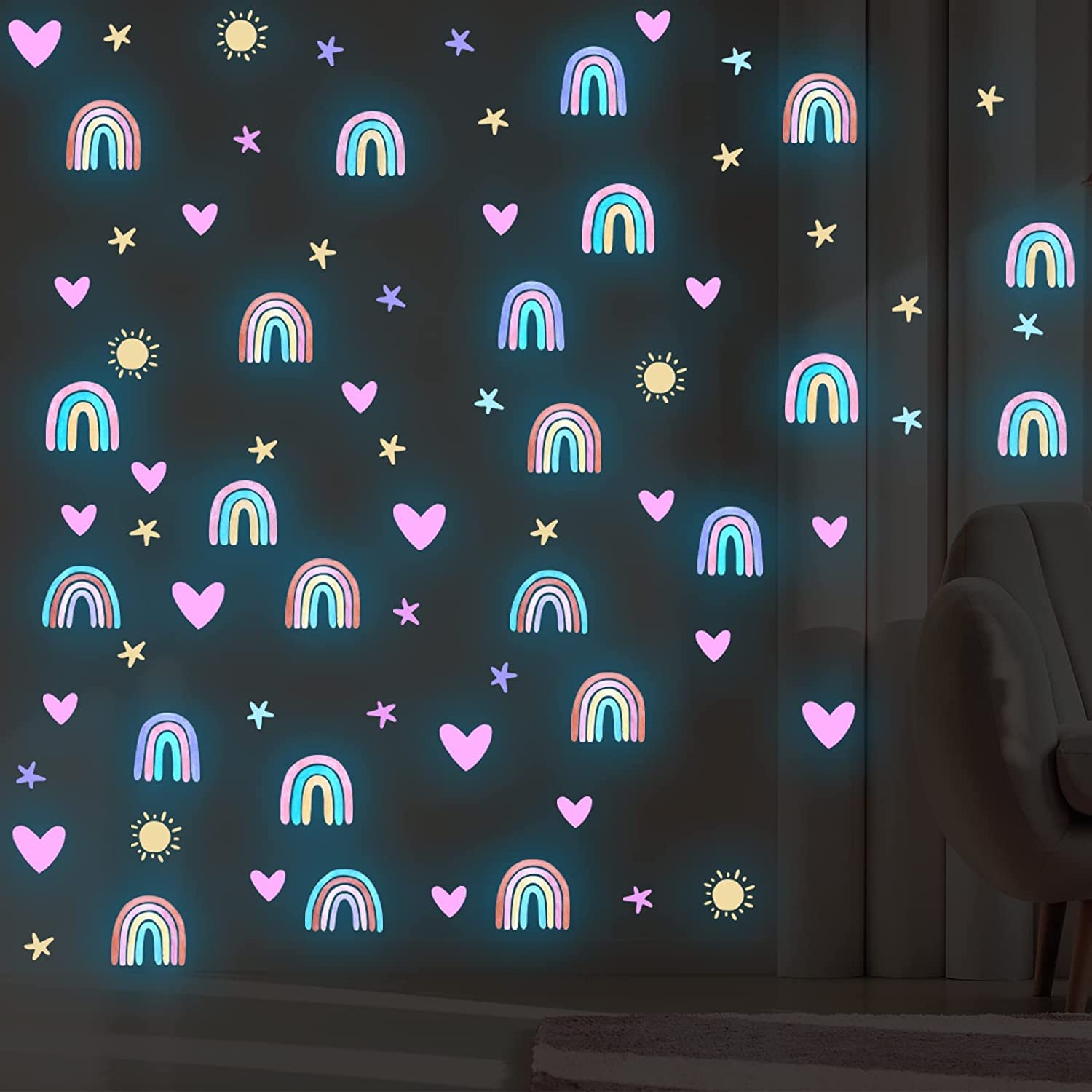 Tarklanda Rainbow Luminous Wall Sticker, Multicolor, Glossy, PVC, Boho, Rainbow Pattern, Waterproof, Reusable, Irregular Shape, Glow in The Dark, Wall Sticker