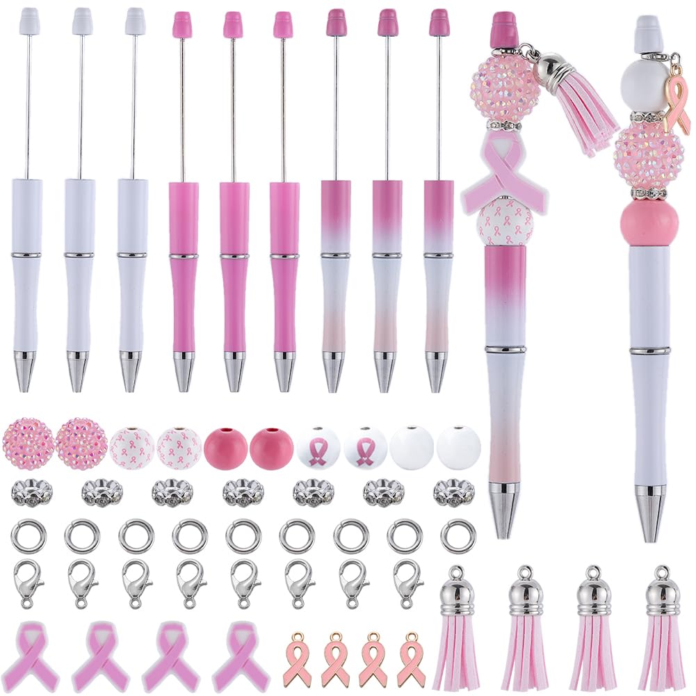 SUNNYCLUE DIY 12 Sets Beads Pen Set October Breast Cancer Pink Awareness Ribbon Theme Bead Ballpoint Pen Beadable Pens Bulk Beadable Pen for Women Adults Gifts Craft Office School Home Supplies