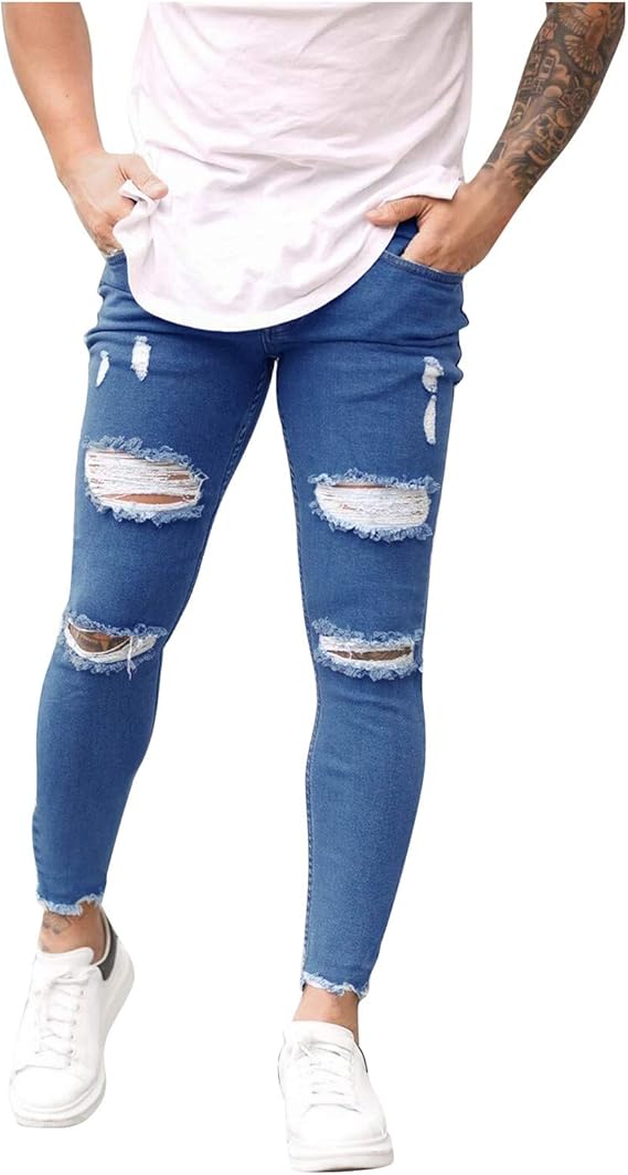 Amazon 21新しい ダメージ デニムパンツ メンズ 細身 ファション デザイン 定番 無地 伸縮 カジュアル 街履き ロングパンツ ジーンズ 通販