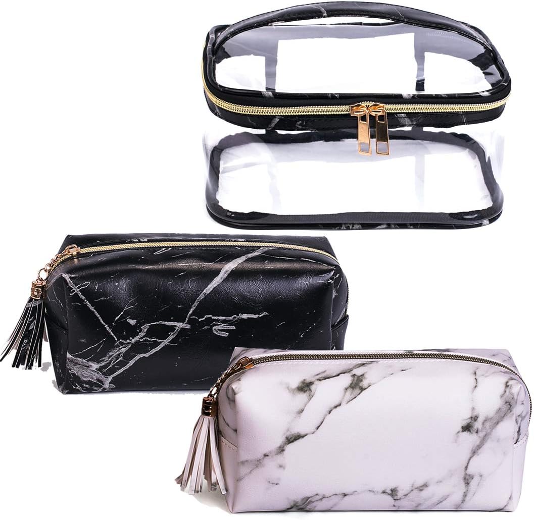 Jarrel 3 in 1 Travel Cosmetic Bag Set Clear & Marble Print Pouch With Handle Strap - TSA-Approved Airline Kit 3-1-1 Toiletry Bag & Carry-On Makeup Organizer for Women and Girls (3in1 Marble)
