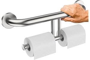 Grab Bar w/Double Toilet Paper Roll Holder Brushed Nickel, iHansee Stainless Steel Shower Support Balanced Support Handle, Wall Mounted Safety Handrail Grab Rail for Elderly Senior Handicap Disabled