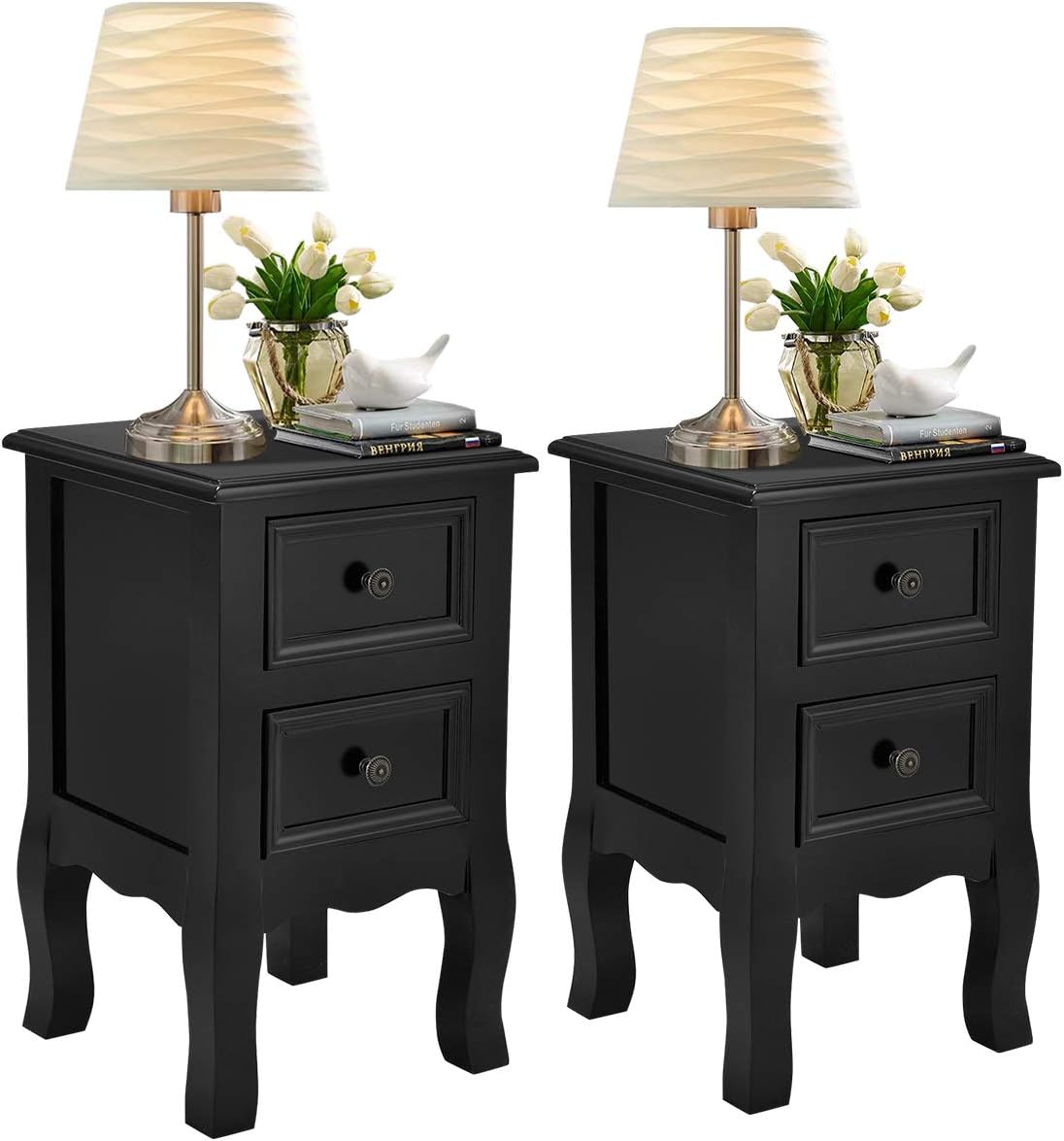 Giantex Nightstand Wooden Mini W/ 2 Storage Drawers for Living Room Bedroom Kid's Room Storage Accent Home Funiture End Table (2, Black)