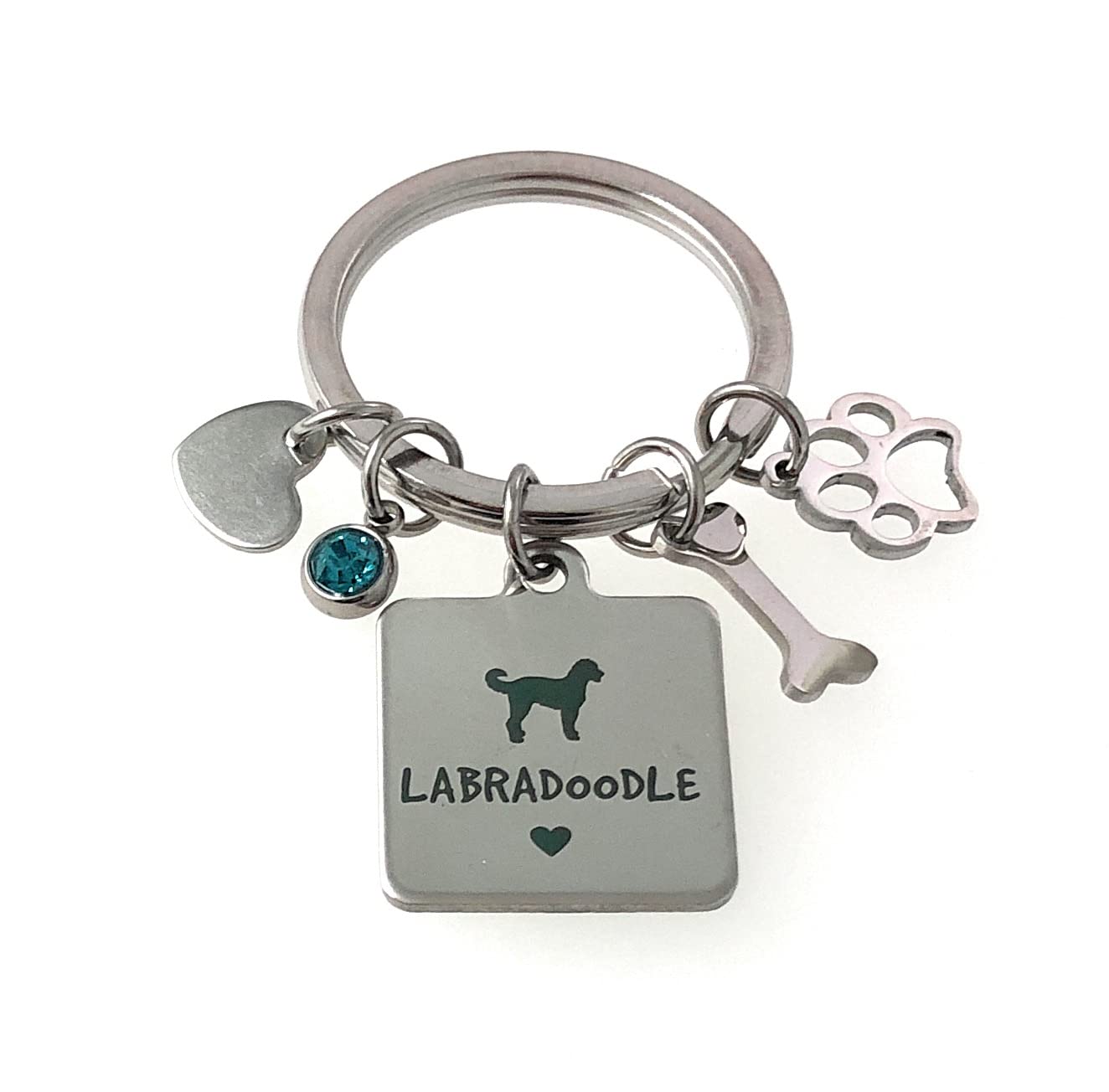 FizzyButton Gifts Labradoodle Puppy Dog Keyring Key Ring with Turquoise Rhinestone and Stainless Steel Bone, Paw and Heart Charms