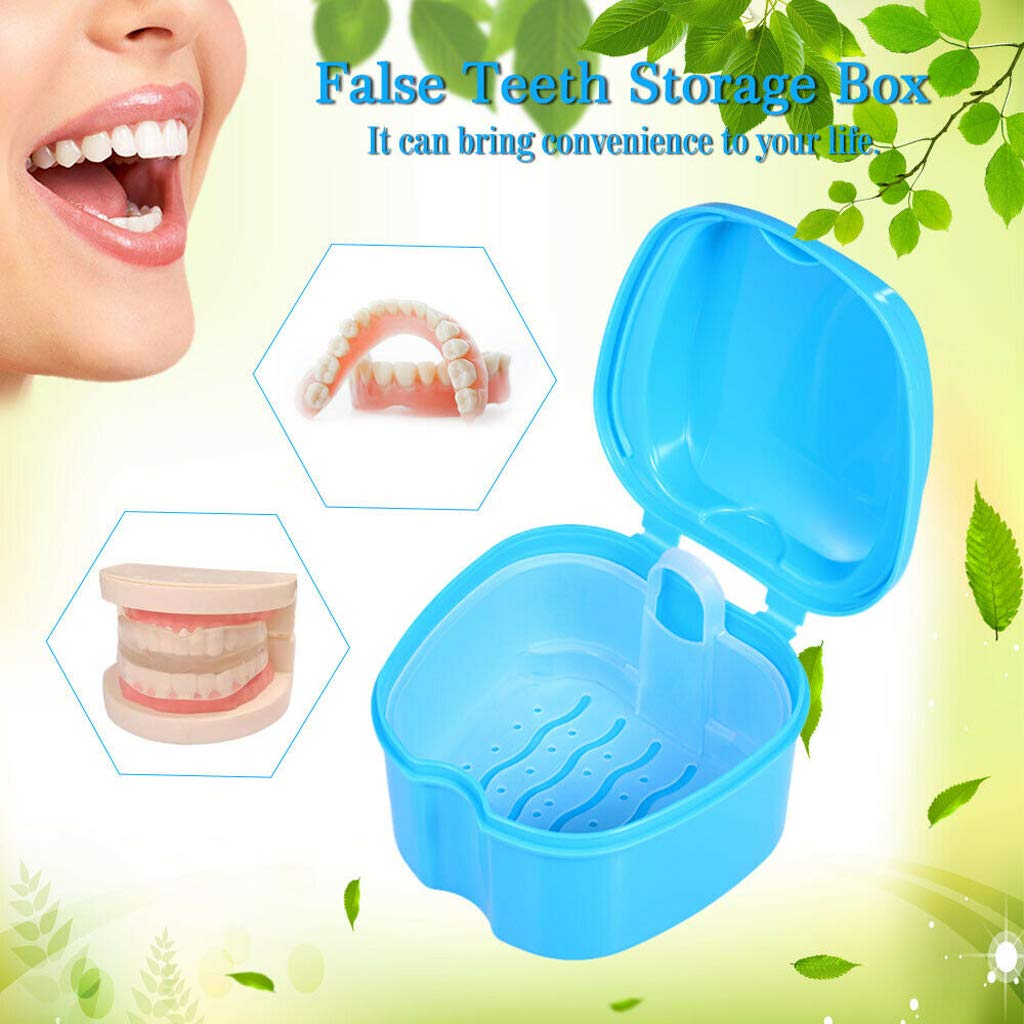 2Pcs Denture Cup with Strainer, Denture Case, Denture Bath Box False Teeth Storage Case Box with Strainer for Travel Cleaning(Light Blue and Blue) : Beauty