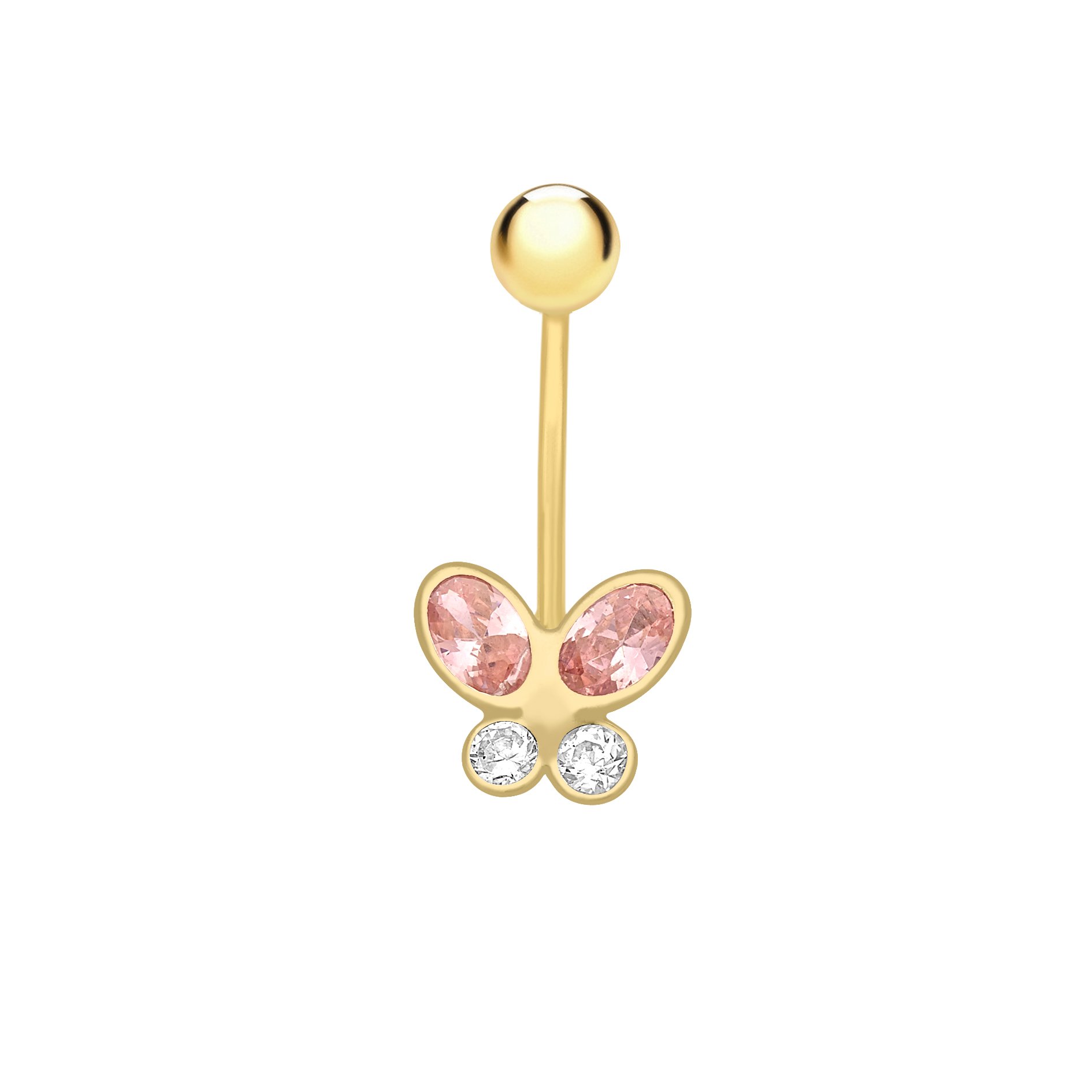 CARISSIMA Women's 9ct Yellow Gold Pink and White Cubic Zirconia Butterfly Belly Bar