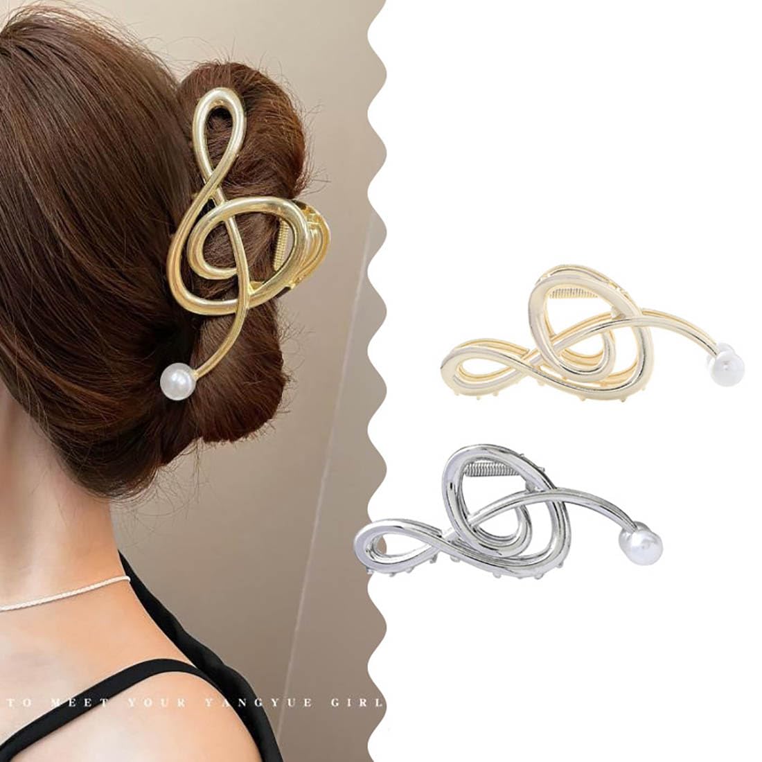 Cubahop 2PCS Metal Hair Claw Clips Barrettes Musical Note Pearl Irregular Large Shark Clamp Gold Silver Wave Non-Slip Hair Styling Accessories for Women (Color A, One size)