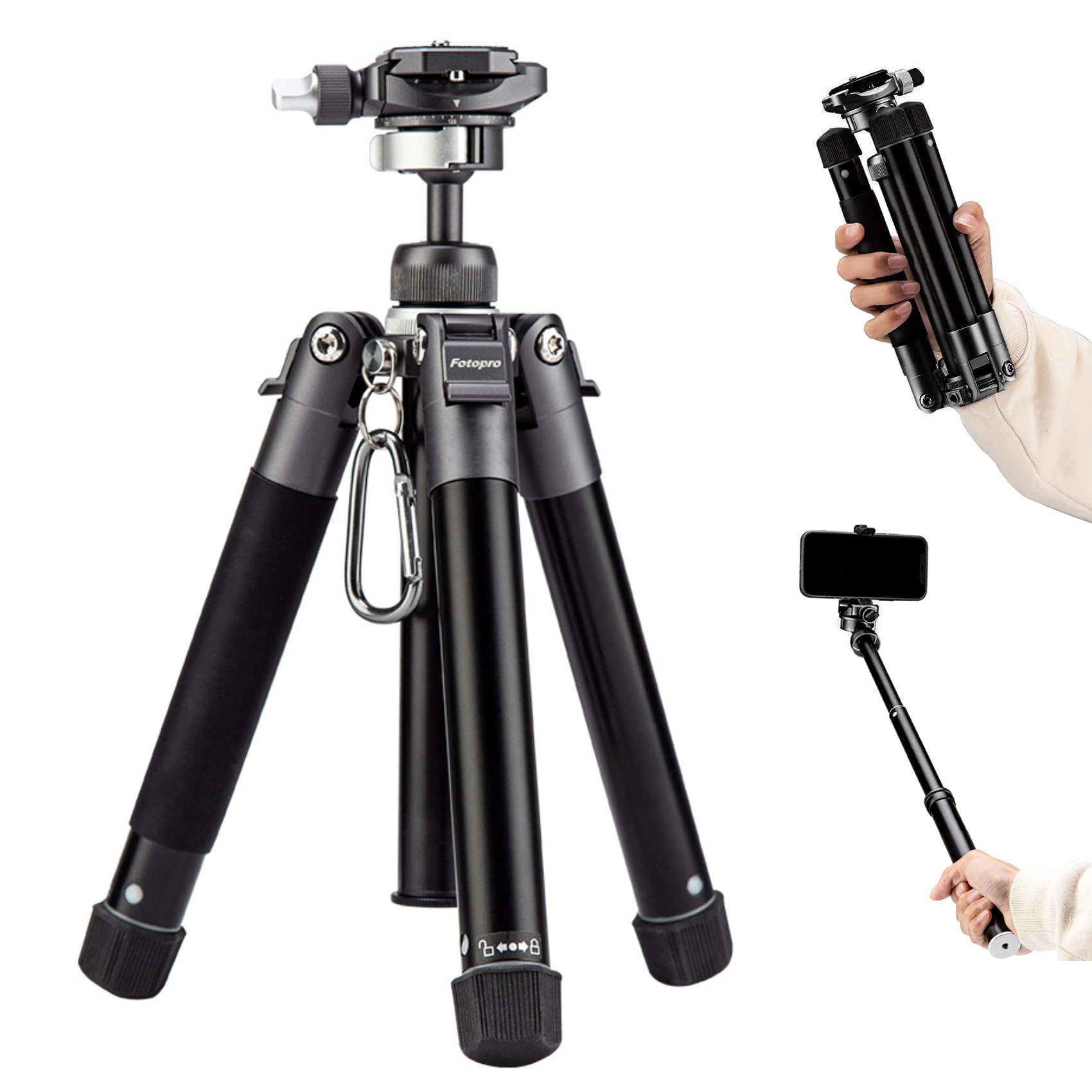 Fotopro Mini 60" Lightweight Compact Travel Tripod with 360 Degree Ball Head Phone Mount Detachable Selfie Stick, Camera Phone Tripod Max Load up to 8.8 lbs, Grey