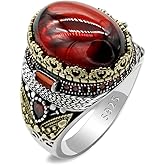 LovePlus Solid Silver Men Rings Red Garnet Stone Men's Ring Handmade Turkish Vintage Ring Luxury Jewelry Bands