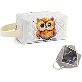 SuoSycorax Cartoon Owl Printed Quilted Makeup Bag for Women - Velvety Polyester Cosmetic Organizer w/Triple Compartments, Travel & Makeup Brush Holder