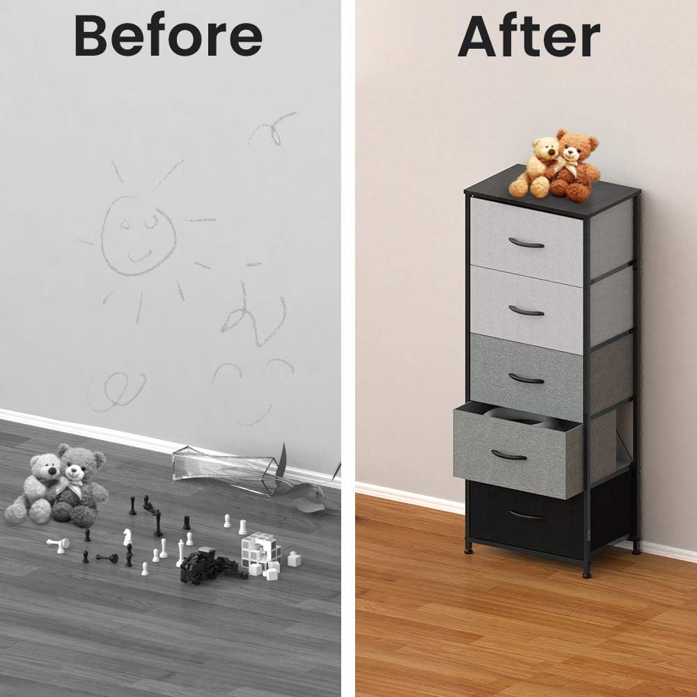 Crestlive Products Vertical Dresser Storage Tower - Sturdy Steel Frame, Wood Top, Easy Pull Fabric Bins, Wood Handles - Organizer Unit for Bedroom, Hallway, Entryway, Closets - 5 Drawers (Black&Gray): Home & Kitchen