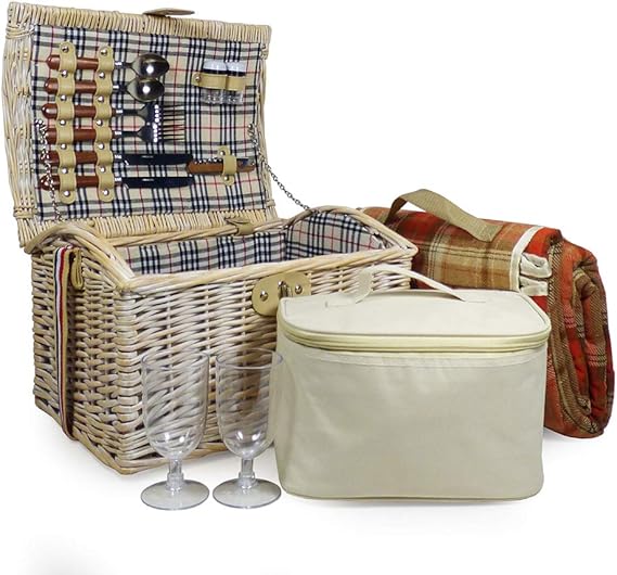 Shabby Chic 2 Person Picnic Basket con manta de tartán púrpura y