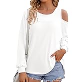 Fisoew Womens Cold Shoulder Tops Casual Long Sleeve Crewneck Basic Loose Fall Fashion T Shirts