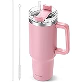 40 oz Tumbler with Handle and Straw, Pink Insulated Travel Mug Iced Coffee Cup, Reusable Stainless Steel Insulated Water Bott
