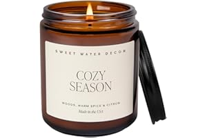 Sweet Water Decor Cozy Season Soy Candles - Fall Candles with Woods, Warm Spice, and Citrus Scent for Home Decor - Soy Candle with 40 Hours Burn Time - 9Oz Black Lid Amber Jar Candles Fall Scents