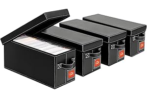 yoyobubu CD Storage Case with Lid & Handle – Faux Leather CD Holder Box – Stackable CD Storage Organizer with Label Slot – 4Pack (Black)
