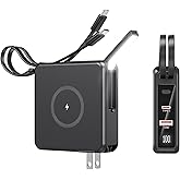 Portable Charger with Built-in Cables&AC Wall Plug10000mAh Wireless Charging(No-Magnetic) Power Bank PD 22.5W Fast Charging USB C Battery Pack for iPhone 17/16/15/14/13 Series, Samsung S23 S22 Android