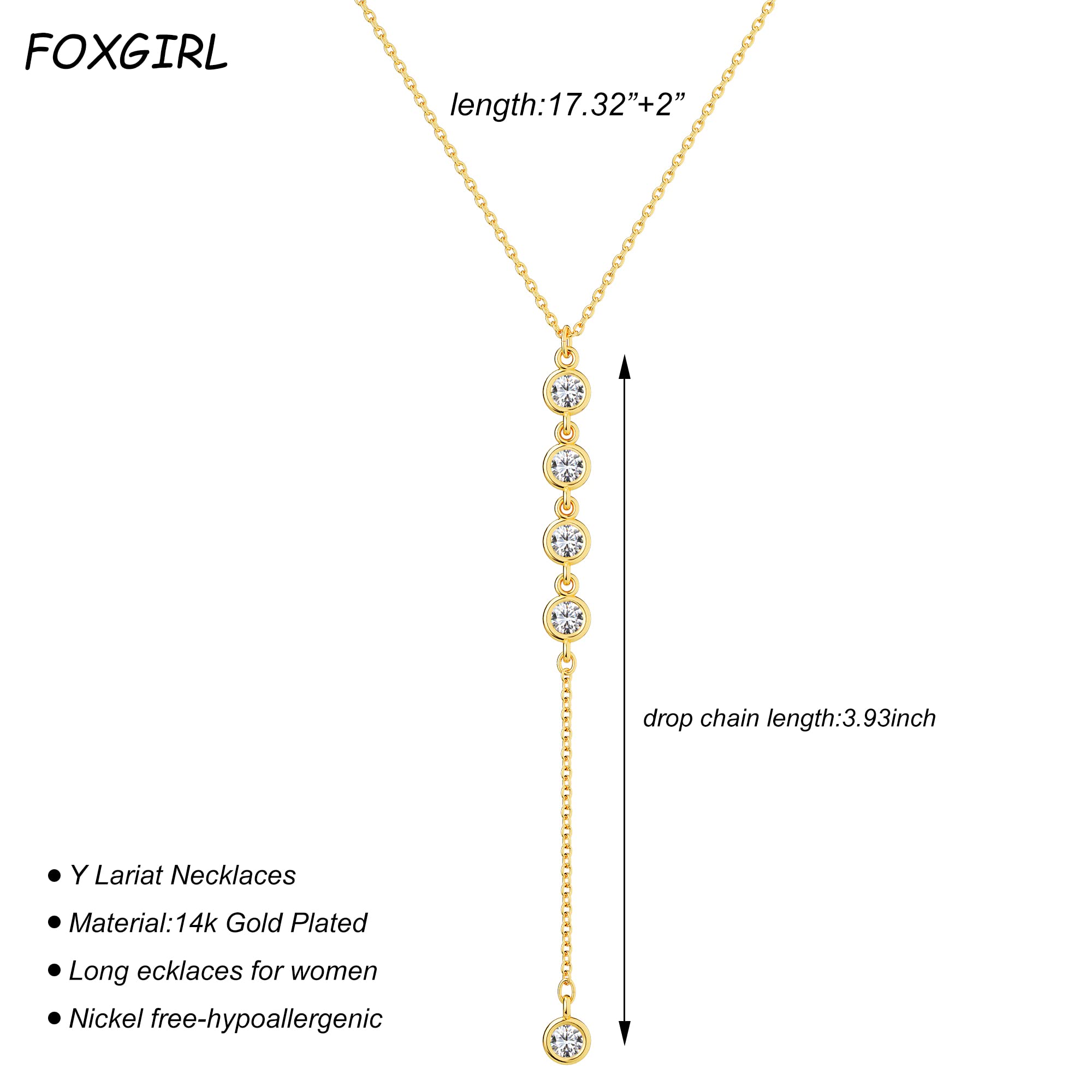 Foxgirl Lariat Gold Necklace for Women, Dainty Long Necklace 14k Gold Plated/Silver Y-Shaped Pendant Necklace Trendy Layered Cz Beaded Chain Drop Necklaces Simple Gold Jewelry For Women Gift