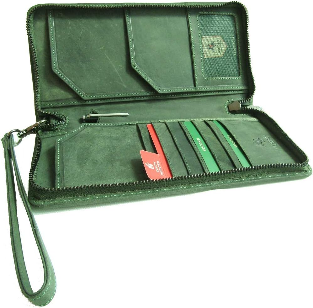 Visconti Wing Unisex Hunter Leather Travel Wallet for Passport ID Currency Card Pen Boarding Pass RFID Security Detachable Wrist Strap Style 728 (Oil Green) - Image 3