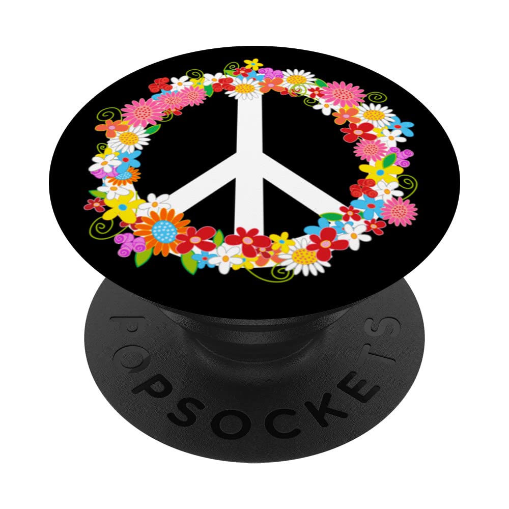 Retro Peace Sign with Colorful Flowers Hippie 60's 70's Love PopSockets Swappable PopGrip