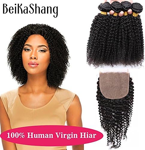 BeiKaShang Brazilian Kinky Curly Virgin Hair Weave 4 bundles with Silk base 3 Part Closure Unprocessed Human Hair Extensions Natural Color Can Be Dyed and Bleached 12x12x12x12+12