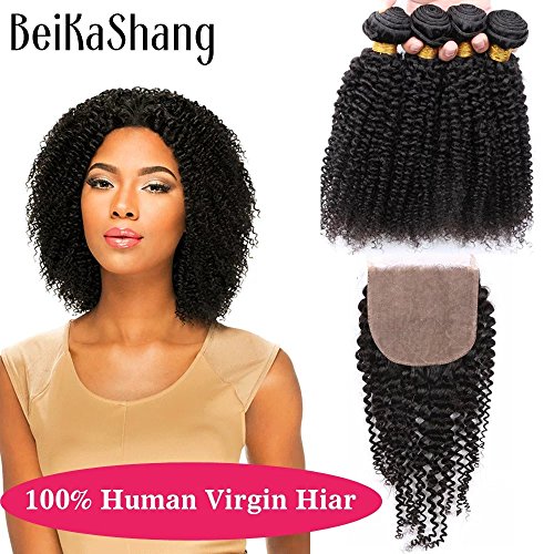 BeiKaShang Brazilian Kinky Curly Virgin Hair Weave 4 bundles with Silk base 3 Part Closure Unprocessed Human Hair Extensions Natural Color Can Be Dyed and Bleached 12x12x12x12+12