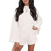 Tankaneo Womens 2 Piece Short Sets Bell Sleeve Mock Neck Oversized Sweater and Shorts Fall Sweater Sets Lounge Matching Set