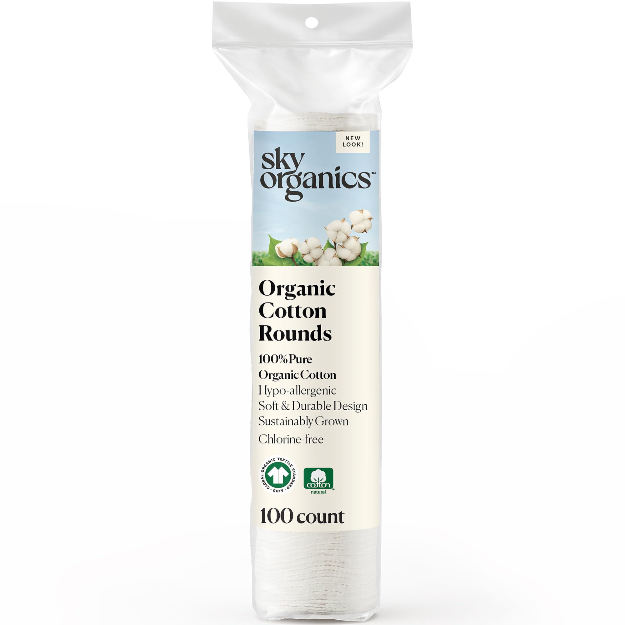 Sky Organics Organic Cotton Rounds for Sensitive Skin, 100% Pure GOTS Certified Organic for Beauty & Personal Care, 100 ct.